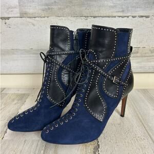 Alaia Paris womens 8 blue suede black leather studded ankle boot designer